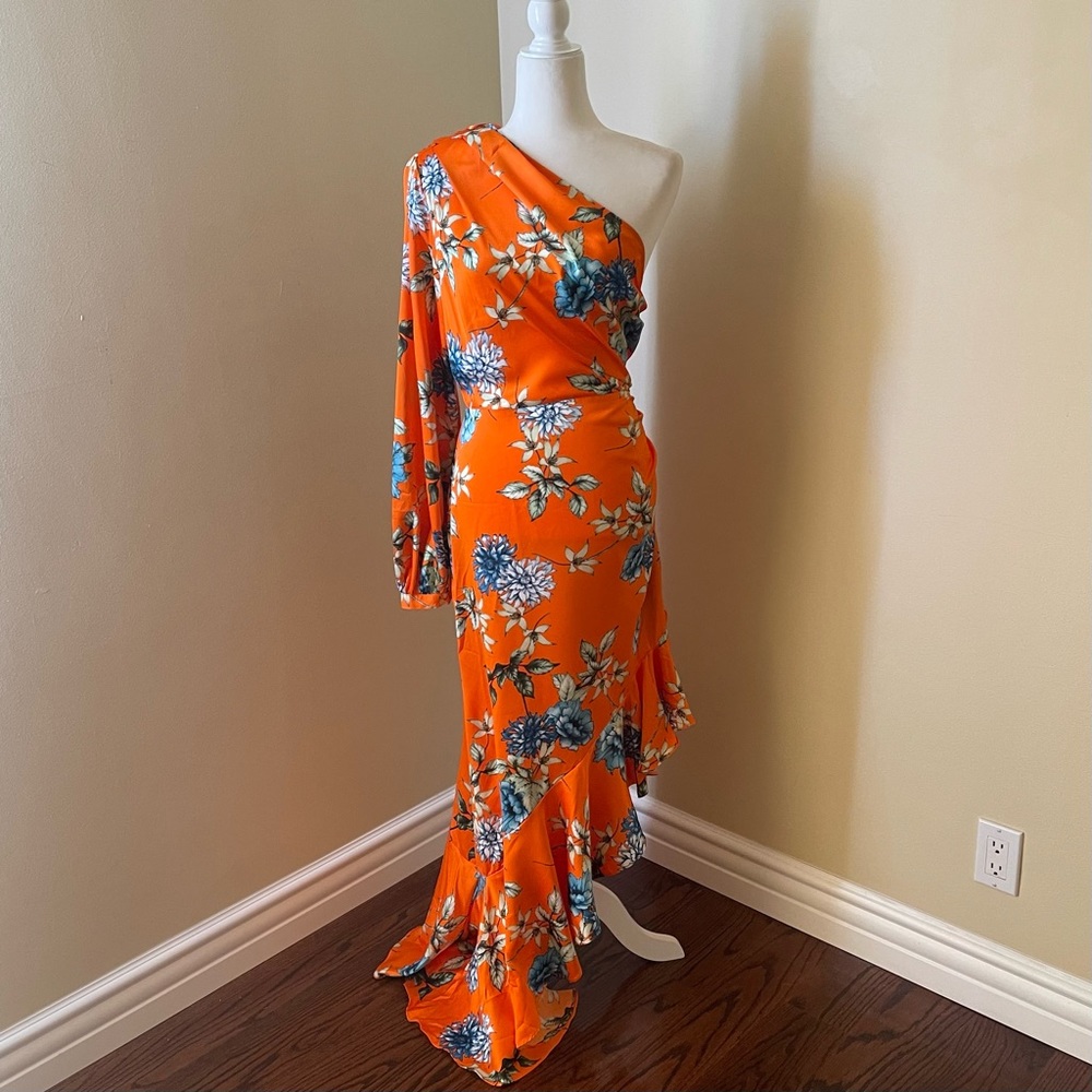 VENUS Orange One-Shoulder Floral Maxi Dress